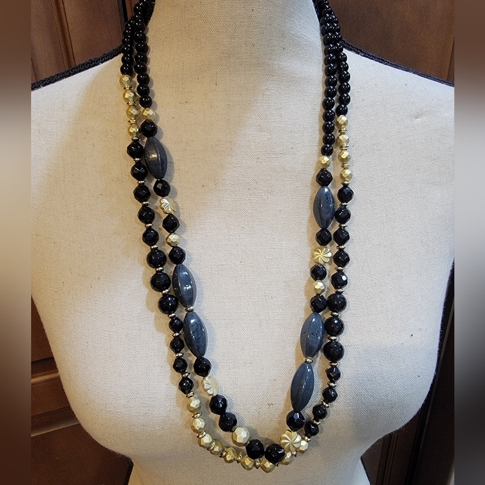 Vintage Double Strand Black Bead Necklace Textured Gold Tone Clasp 30”
